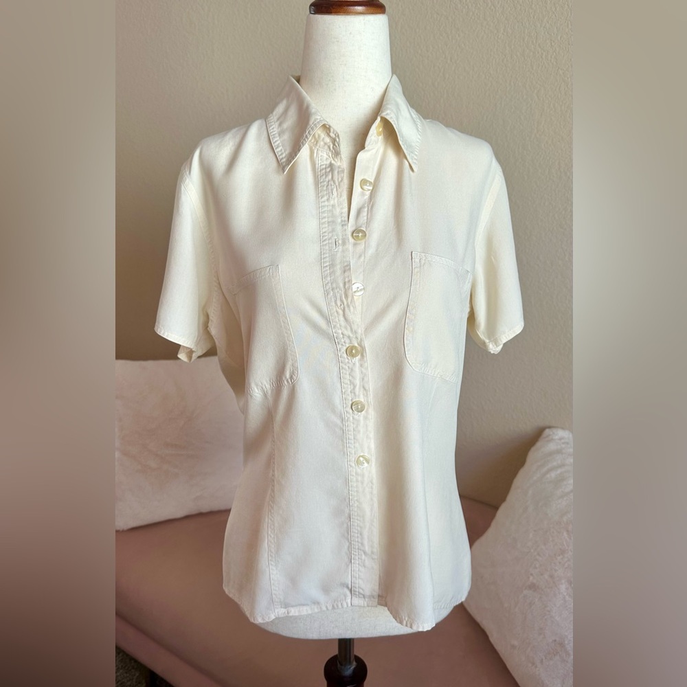 VTG STUNT COLLECTION 100% Silk Top Short Sleeve Button Up Shirt Women’s S Luxury